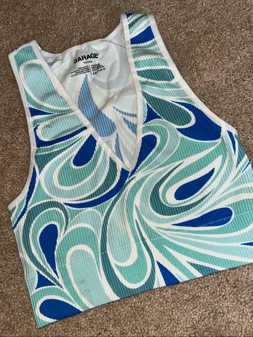 Garage Swirl Ribbed V-Neck Crop Tank in Aqua, Teal & Royal Blue